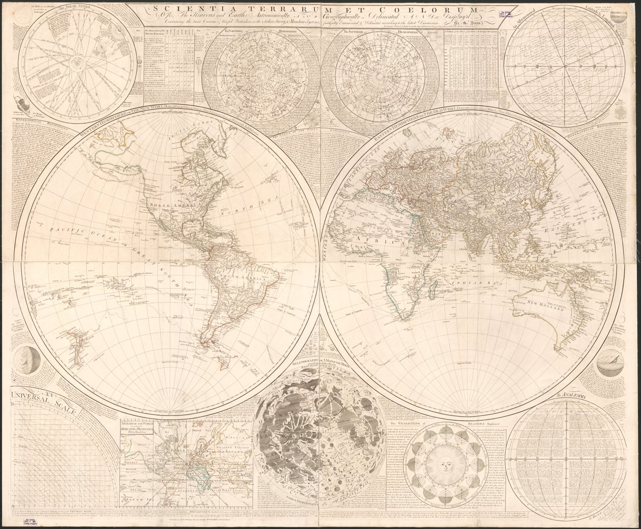 Scientia terrarum et coelorum : czyli niebiosa i ziemia astronomicznie i geograficznie nakreślone i pokazane : zawierające najciekawsze i najbardziej użyteczne szczegóły w słonecznych, gwiezdnych i ziemskich systemach, wiernie wyliczone i nakreślone zgodni autorstwa Samuel; Kitchin Dunn