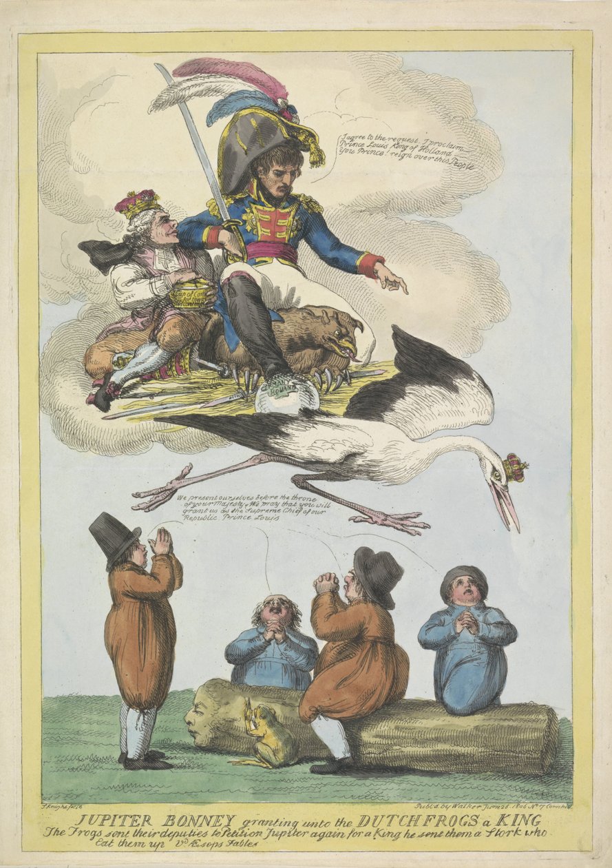 Napoleon wysyła Ludwika Napoleona jako króla w postaci bociana do Holandii, 1806 Jupiter Bonney przyznający holenderskim żabom króla (tytuł na obiekcie) autorstwa Samuel Knight