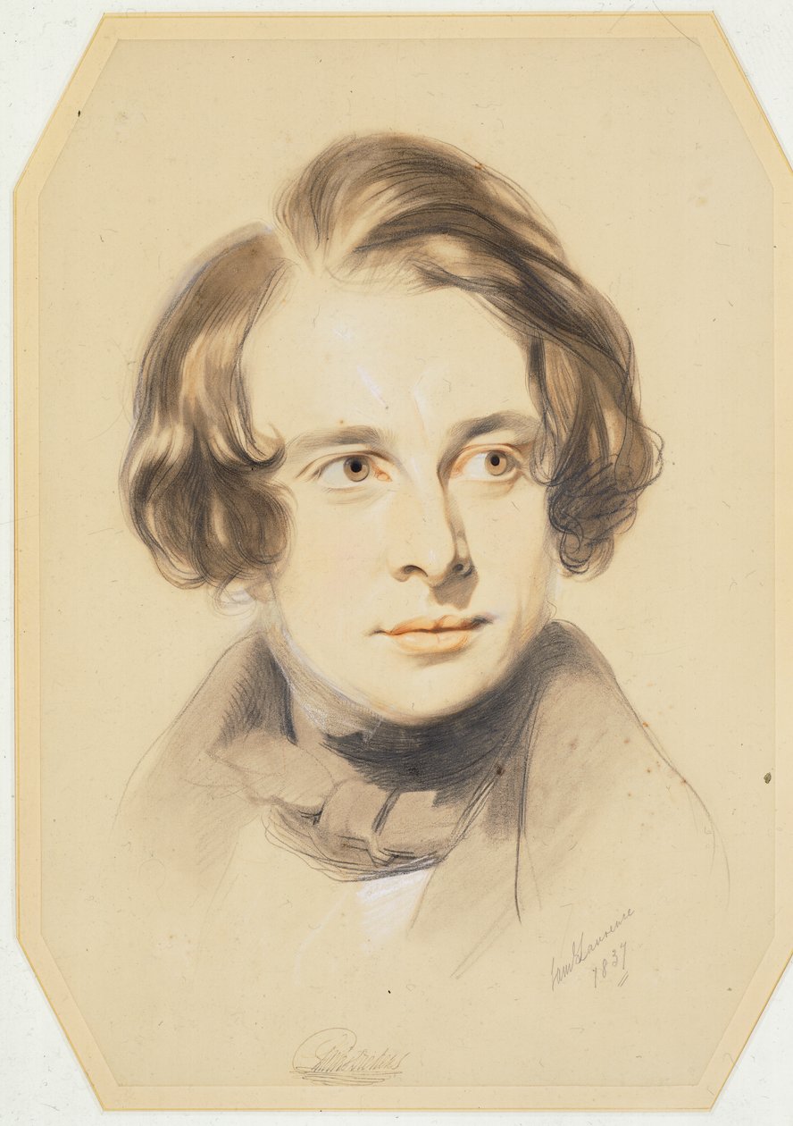 Wczesny portret Karola Dickensa, 1837 (kreda, kredka i ołówek na papierze) autorstwa Samuel Laurence