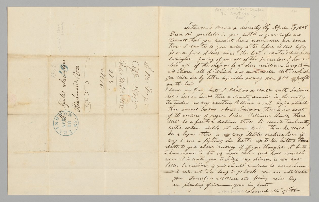 List do Gilesa Saundersa od Samuela M. Foxa dotyczący handlu niewolnikami, 17 kwietnia 1848 r. autorstwa Samuel M. Fox