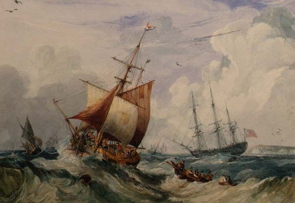 Francuski kuter wędkarski w falującym Dover (akwarela) autorstwa Samuel Owen