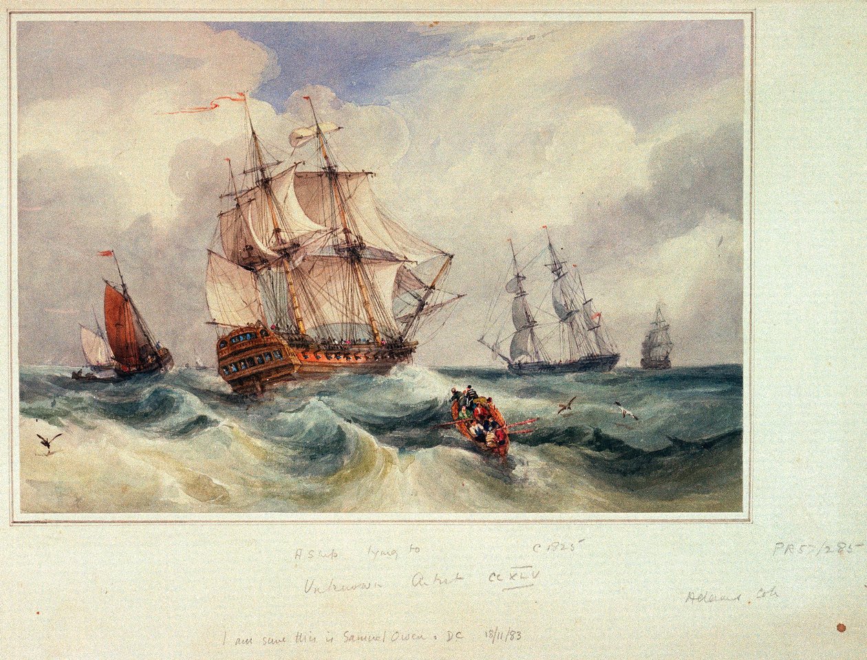 Leżący statek, ok. 1825 r. (akwarela) autorstwa Samuel Owen