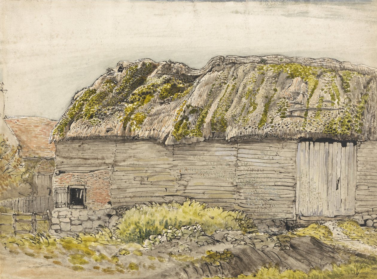 Stodoła z omszałym dachem, Shoreham (akwarela z brązowym washem, tuszem, gwaszem i ołówkiem na papierze) autorstwa Samuel Palmer