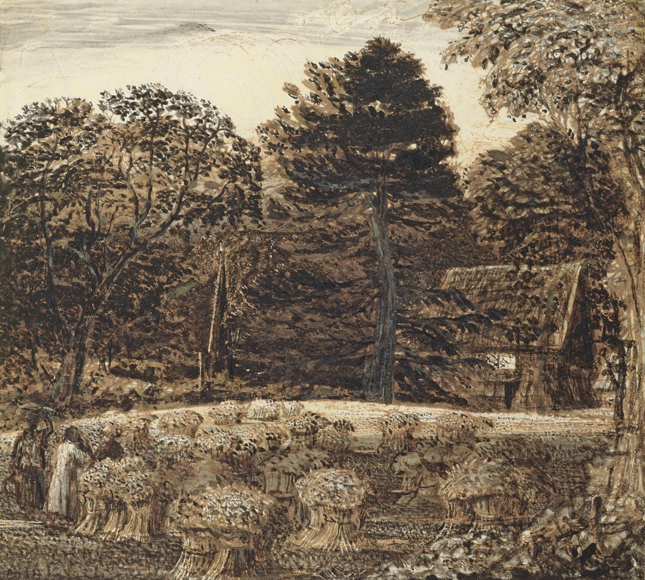 Pole kukurydzy w Shoreham o zmierzchu (pióro, tusz i wash na białej kartce) autorstwa Samuel Palmer