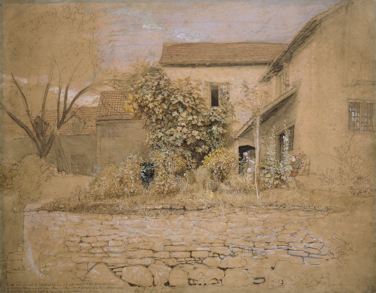 Dom i ogród w Tintern, 1835 (pióro i atrament, wc i farba do ciała na graficie i czarnej kredzie na różowożółtym papierze) autorstwa Samuel Palmer