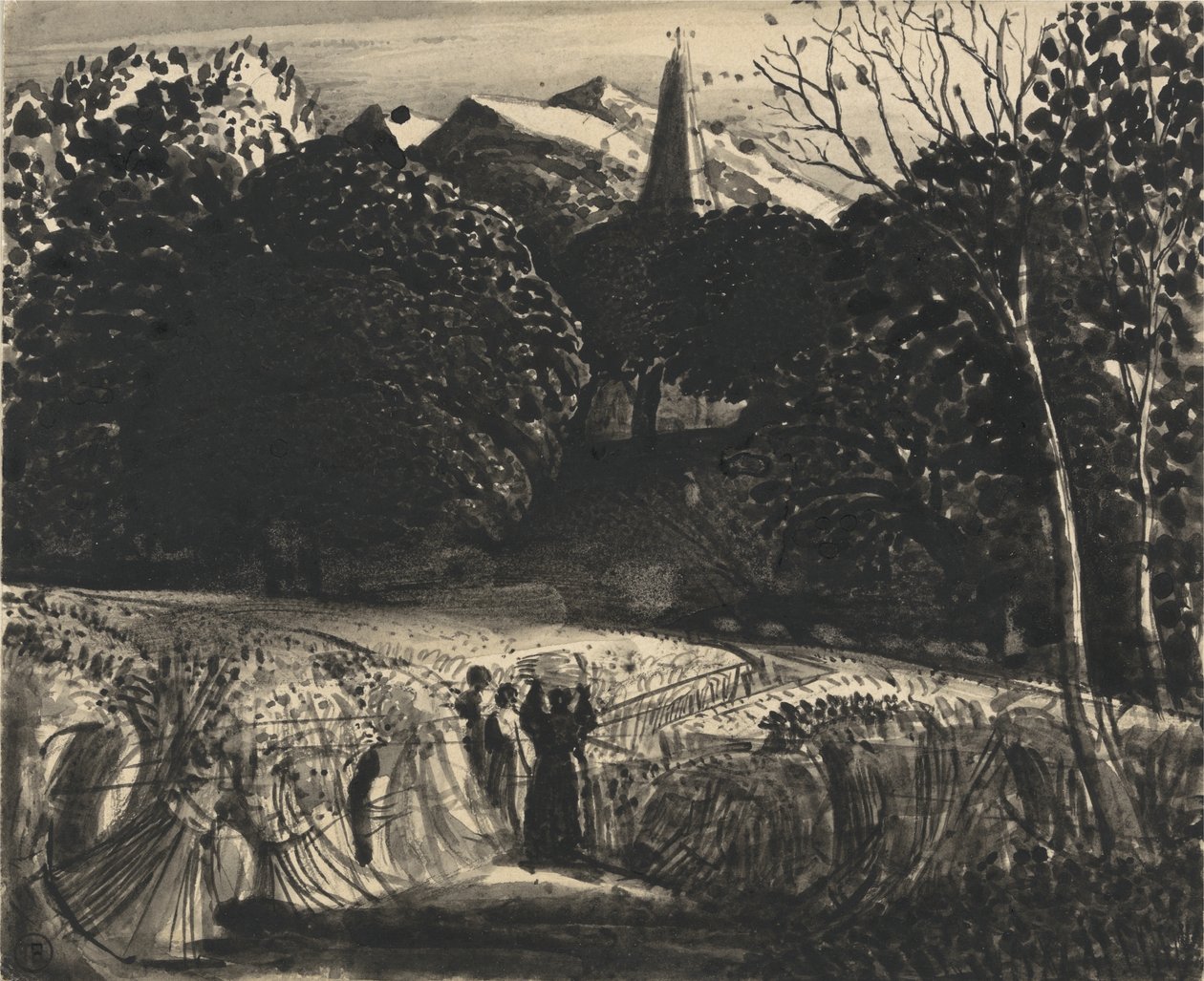 Cornfield and Church by Moonlight (pędzel i czarny tusz na papierze) autorstwa Samuel Palmer