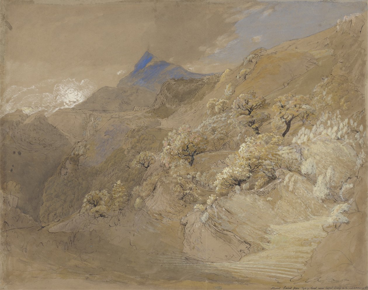 Mount Siabod z Tyn-y-Coed w pobliżu Capel Curig (pióro i atrament, kolor ciała i akwarela na papierze) autorstwa Samuel Palmer