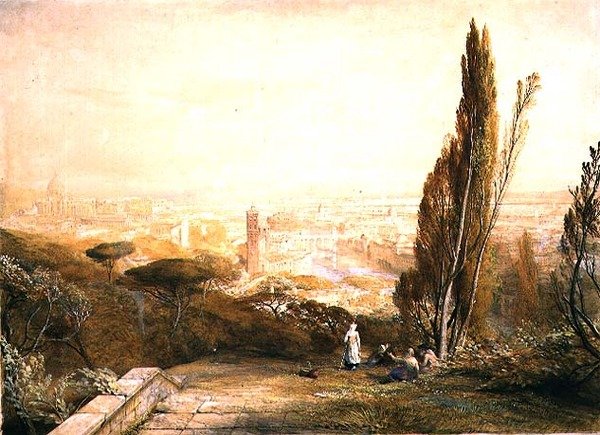Rzym, ze Wzgórz Zachodnich, ok. 1840 (ołówek, akwarela i farba do ciała na papierze) autorstwa Samuel Palmer