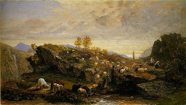 Rustykalne owce i kozy w skalistym krajobrazie (akwarela na ołówku wzmocniona gumą arabską na papierze) autorstwa Samuel Palmer