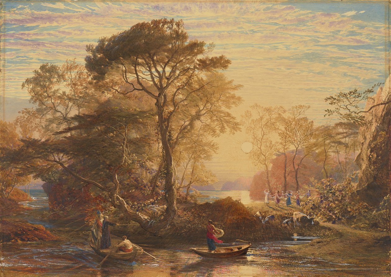 Sir Guyon z towarzyszącym mu Palmerem, kuszeni przez Phaedrię do wylądowania na Zaczarowanych Wyspach autorstwa Samuel Palmer
