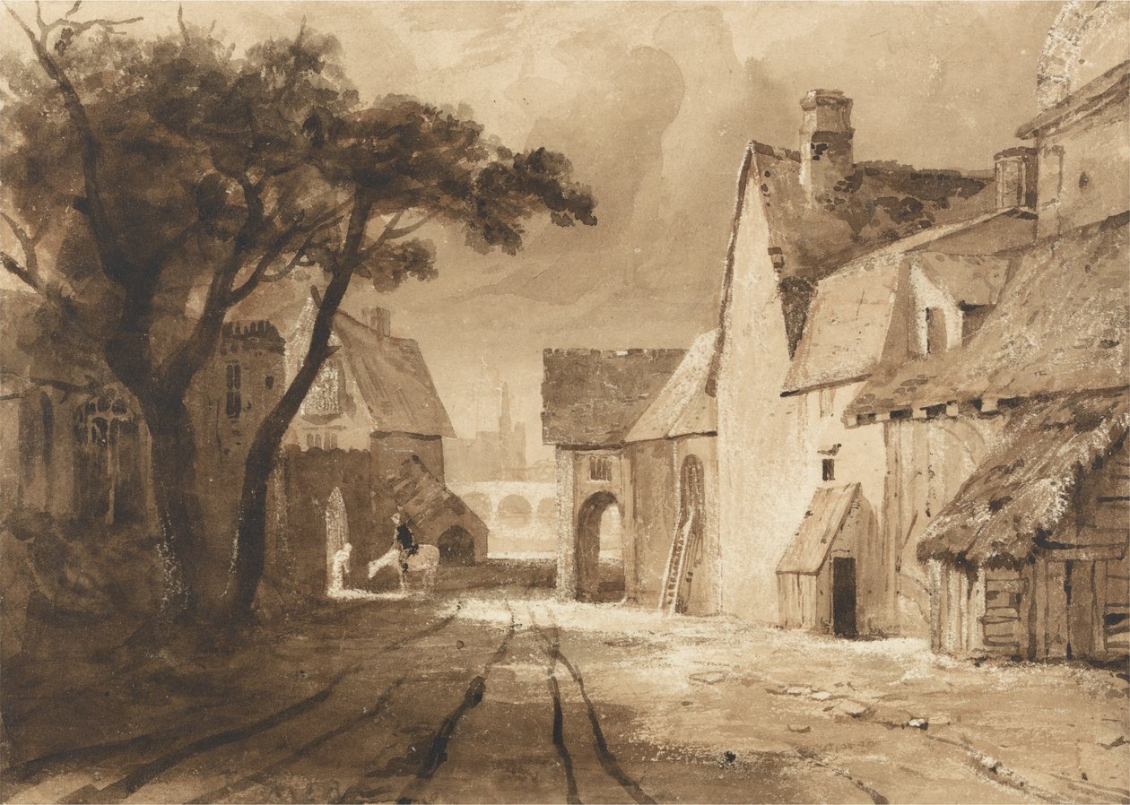 Studium starych budynków (brązowy tusz i rozmycie grafitu na papierze) autorstwa Samuel Palmer