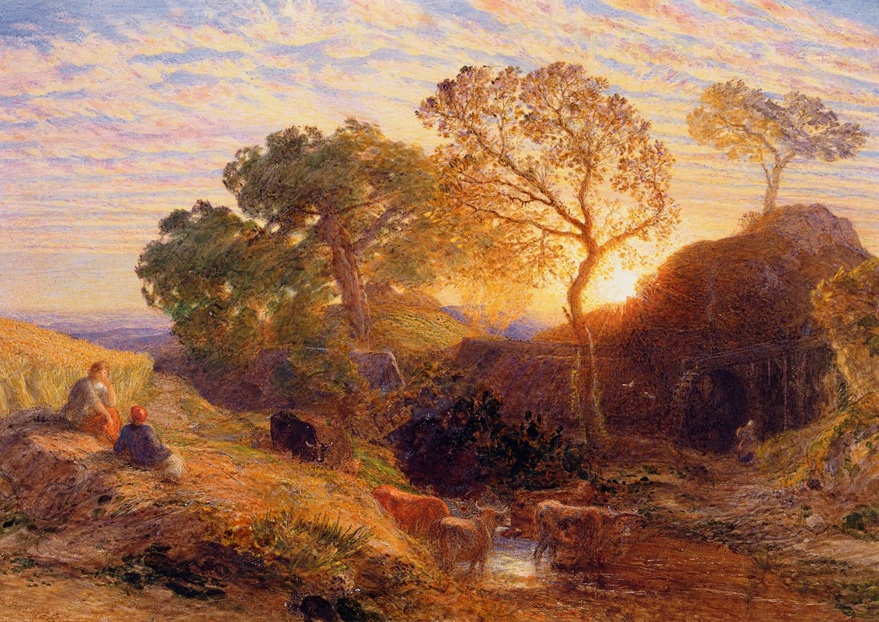 Sunset, ok. 1861 (w/c, grafit, b/c i guma na kartonie) autorstwa Samuel Palmer