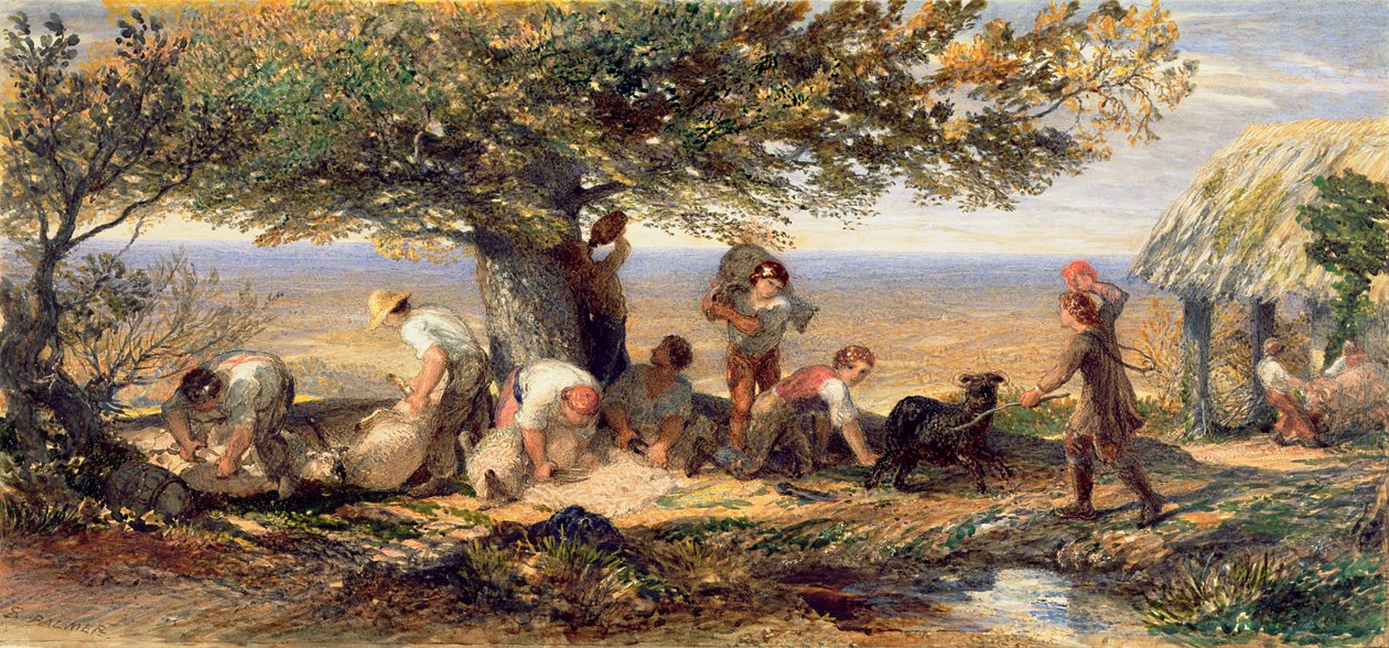 Pogromcy owiec, ok. 1863 r. (akwarela i farba korpusowa na śladach ołówka na papierze) autorstwa Samuel Palmer