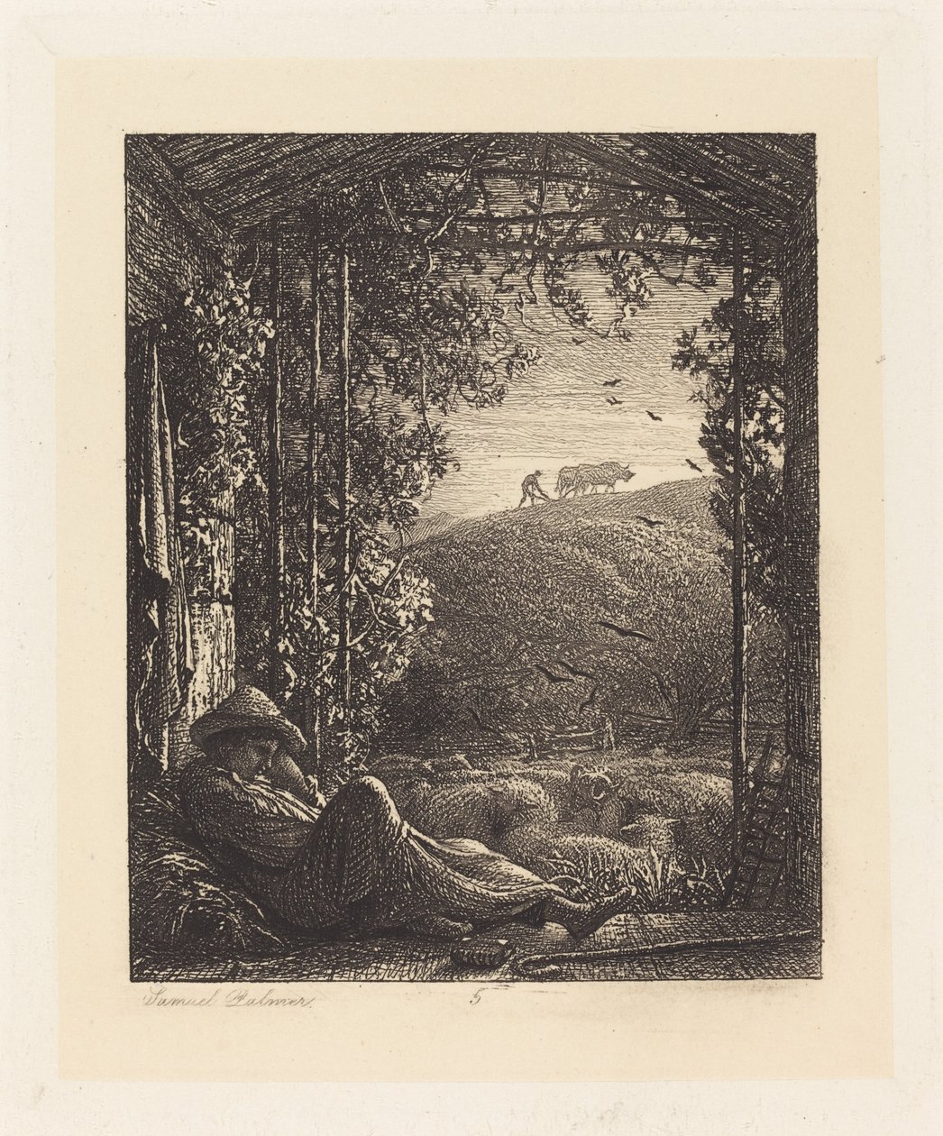 Śpiący Pasterz; Wczesny poranek autorstwa Samuel Palmer