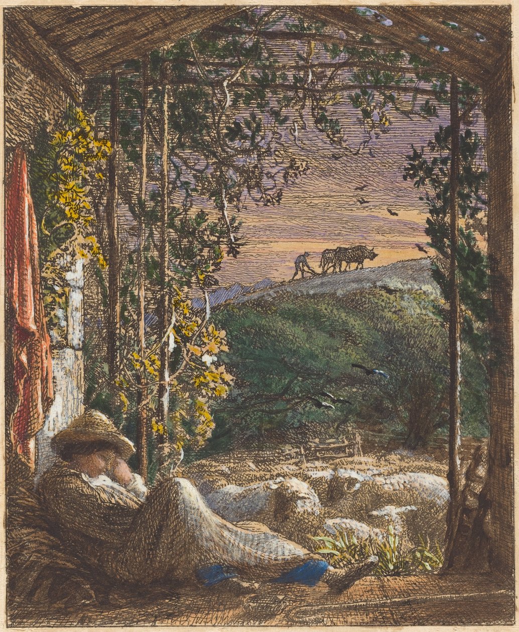 Śpiący pasterz; Wczesny poranek autorstwa Samuel Palmer