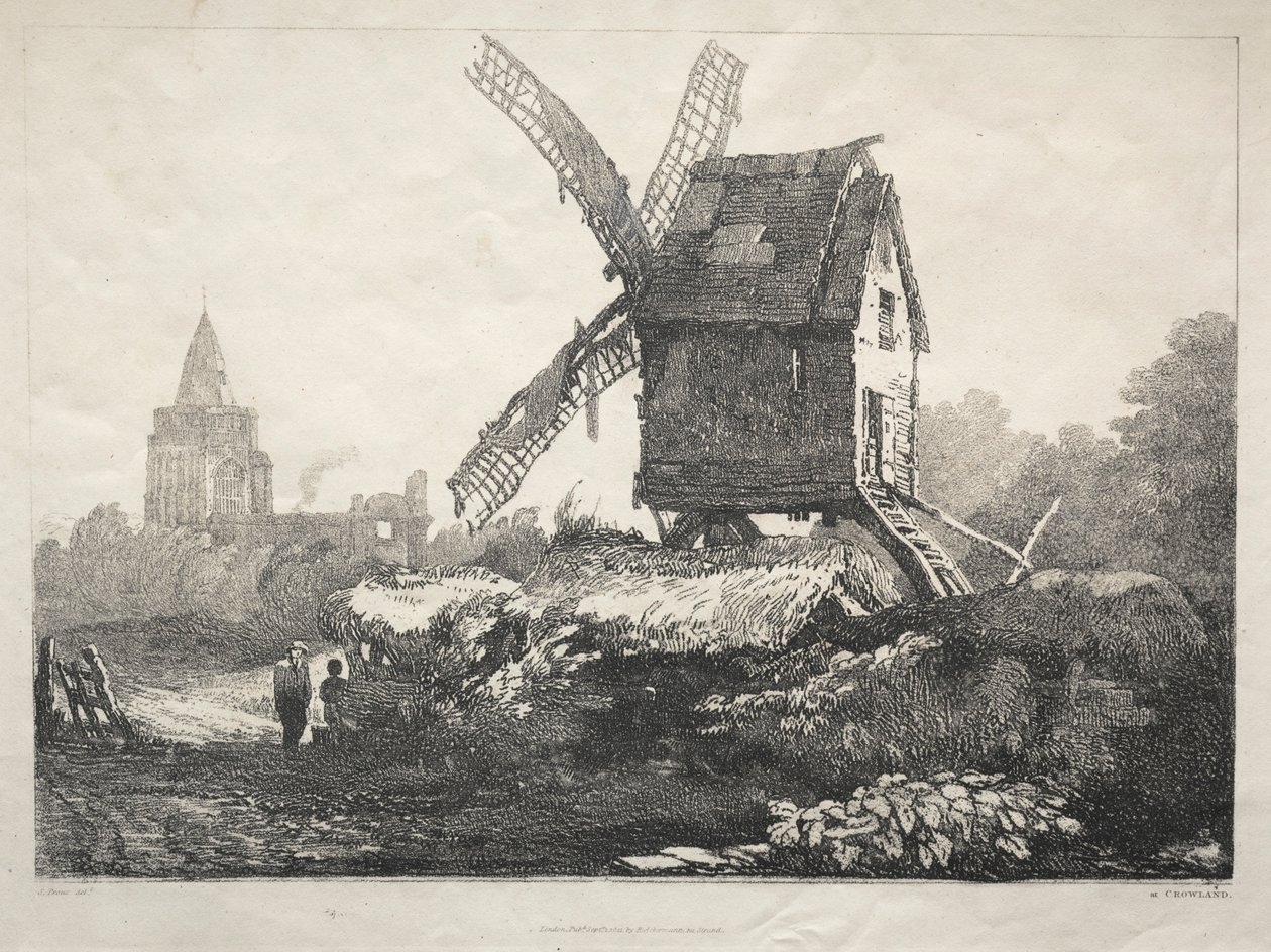Seria starożytnych budynków i wiejskich domków w północnej Anglii: At Crowland, Windmill, 182 autorstwa Samuel Prout
