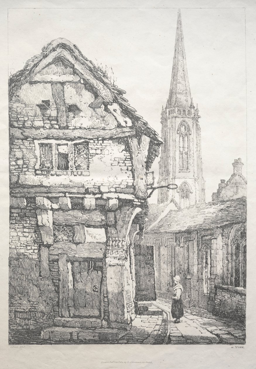 Seria starożytnych budynków i wiejskich domków w północnej Anglii: W York, Street..., 1821. autorstwa Samuel Prout