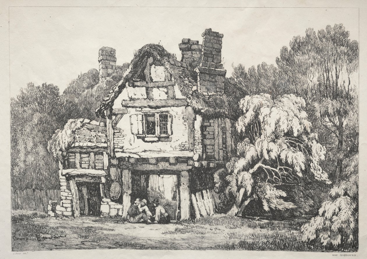 Seria starożytnych budynków i wiejskich domków w północnej Anglii: w pobliżu Ashbourne, 1821. autorstwa Samuel Prout