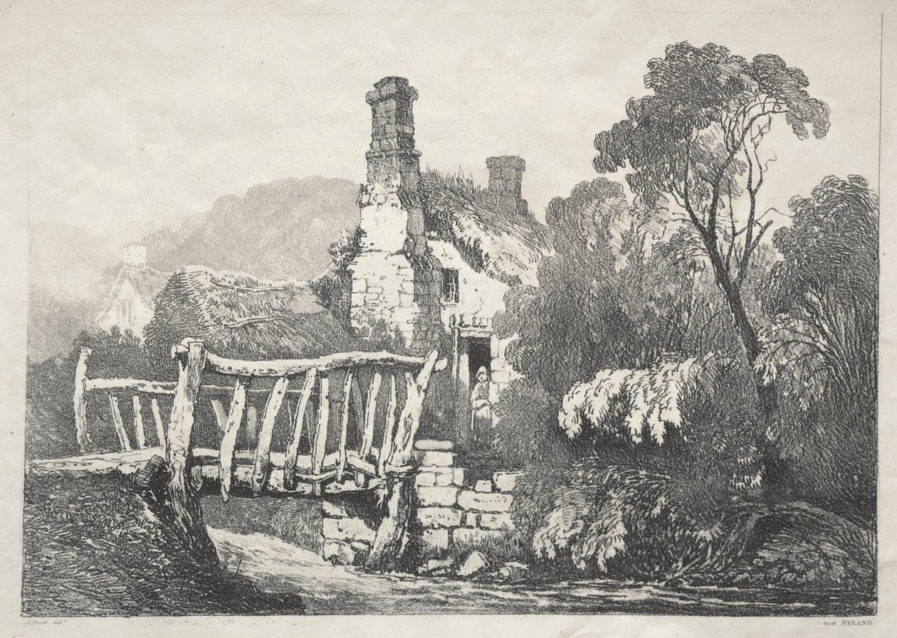 Seria starożytnych budynków i wiejskich domków w północnej Anglii: w pobliżu Byland, 1821. autorstwa Samuel Prout