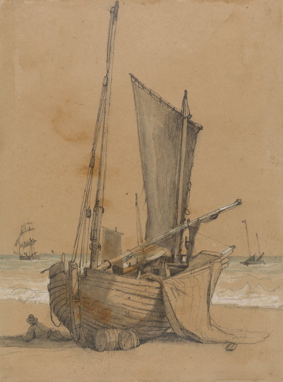 Barco de pesca na praia com um Brig em Seapolish autorstwa Samuel Prout