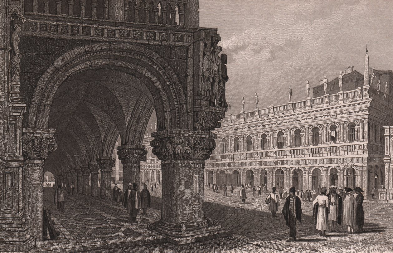 Skrócenie perspektywiczne arkady Pałacu Dożów (Palazzo Ducale) z widokiem na Plac Św. Marka i Pałac Biblioteczny, Wenecja, Veneto, Włochy, staloryt według rysunku Samuela Prouta (1783-1852), ok. 15x11,5 cm autorstwa Samuel Prout