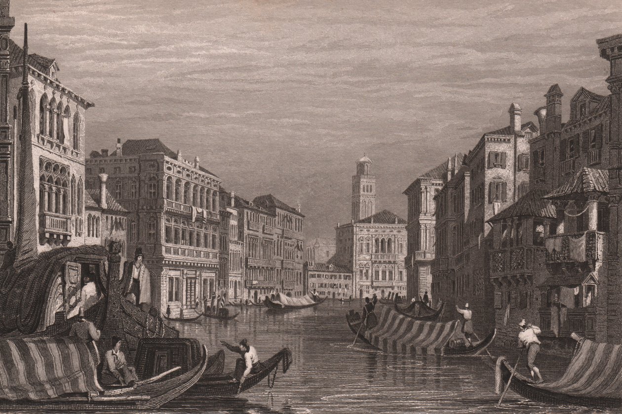 Gondole na Canal Grande (Canal Grande), Wenecja, Veneto, Włochy, staloryt wg rysunku Samuela Prouta (1783-1852), ok. 15x11,5 cm autorstwa Samuel Prout