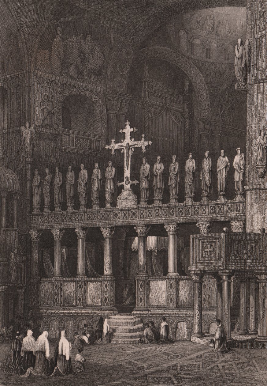 Ikonostas w Bazylice św. Marka (Basilica di San Marco), Wenecja, Veneto, Włochy, staloryt według rysunku Samuela Prouta (1783-1852), ok. 15x11,5 cm autorstwa Samuel Prout