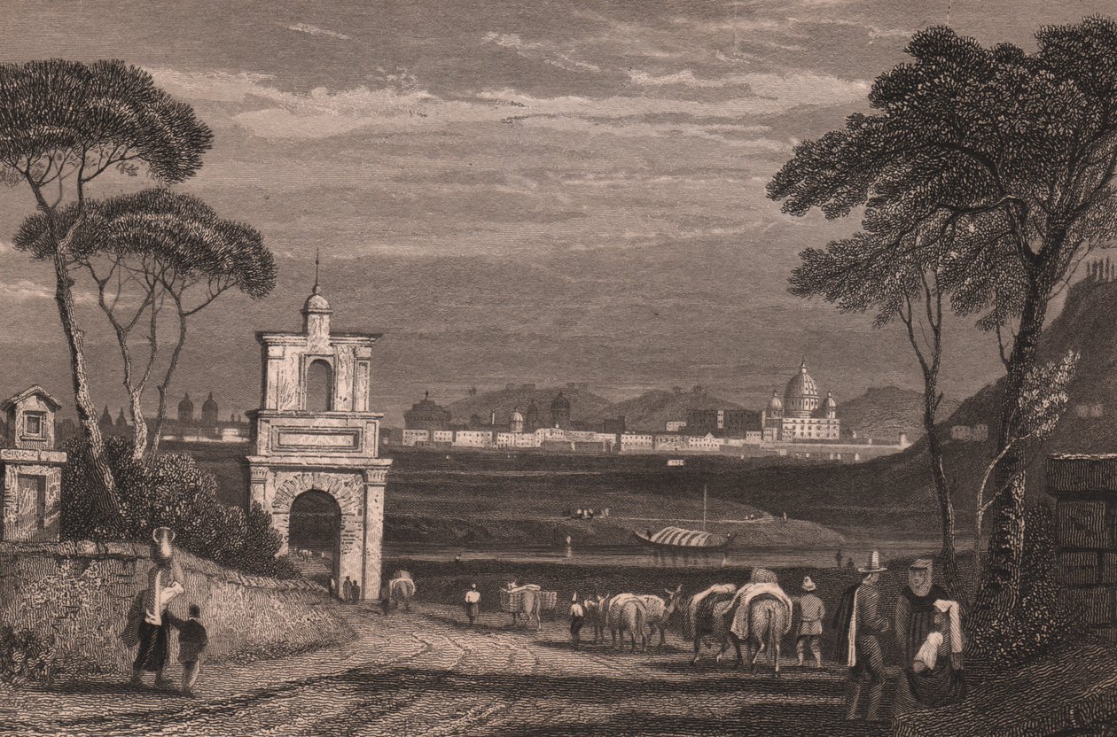 Rzym z kopułą Bazyliki Św. Piotra po prawej, Lacjum, Włochy, staloryt z rysunku Samuela Prouta (1783-1852), ok. 15x115 cm autorstwa Samuel Prout