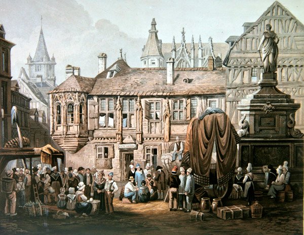 Hotel de Bourgtheroulde, Place de la Pucelle, Rouen, ok. 1825 (kolor grawerowany) autorstwa Samuel Prout