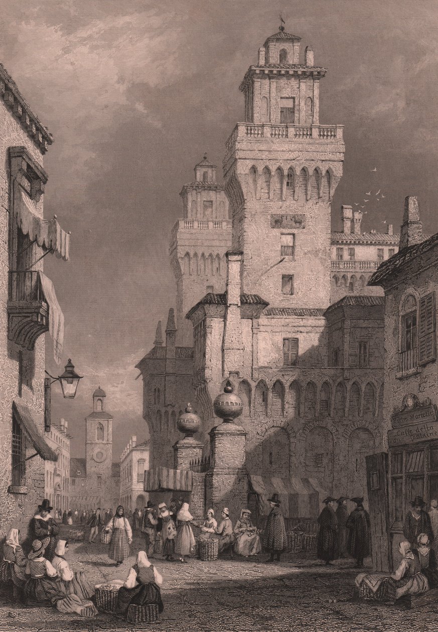 Widok Castello Estense, Ferrara, Emilia-Romania, Włochy, staloryt Johna Godfreya (ok. 1817-1889) według rysunku Samuela Prouta (1783-1852), ok. 26x17 cm, wydany przez Blackie and Son autorstwa Samuel Prout