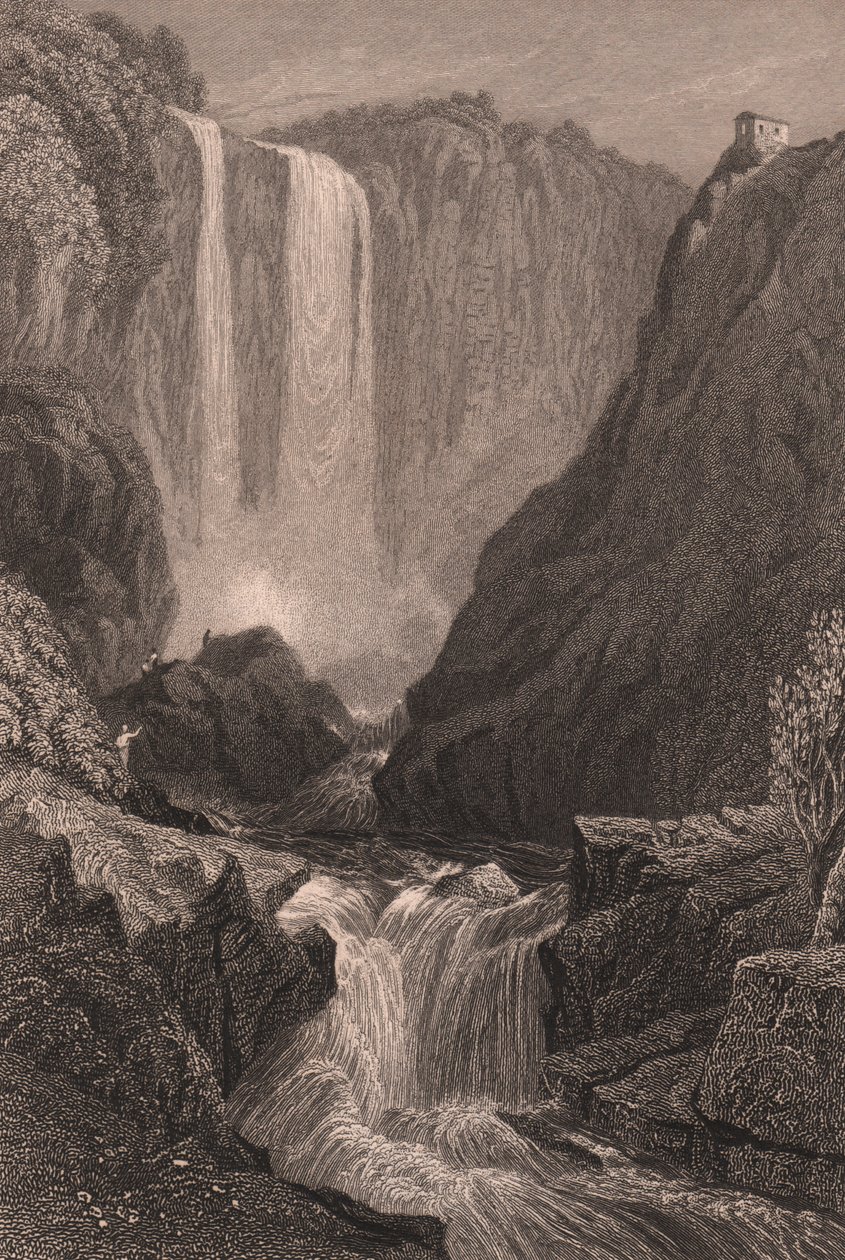 Widok wodospadu Marmore (Cascata delle Marmore) w pobliżu Terni, Umbria, Włochy, staloryt według rysunku Samuela Prouta (1783-1852), ok. 15x11,5 cm autorstwa Samuel Prout