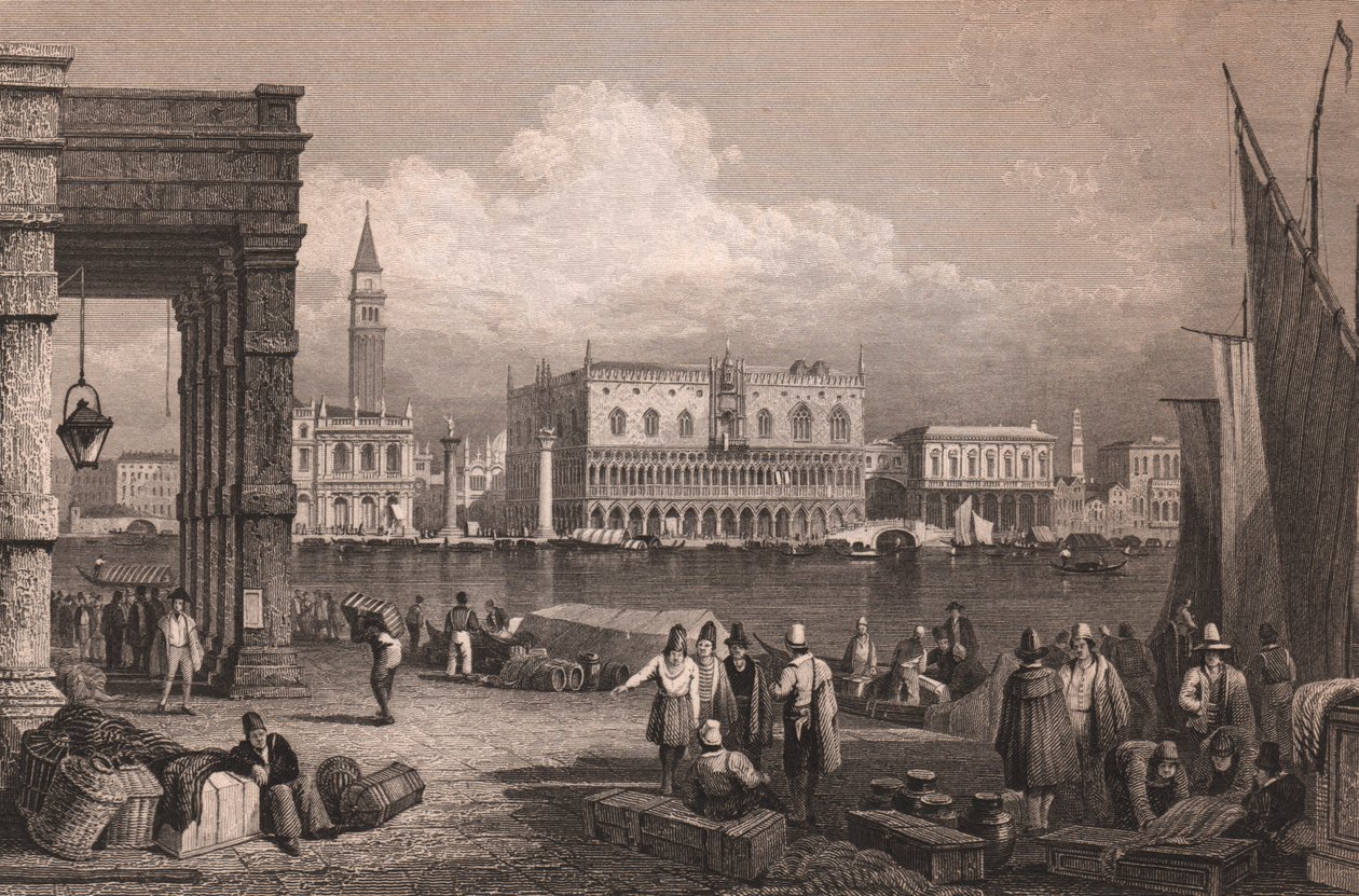 Widok Basenu Św. Marka w Wenecji, Veneto, Włochy, staloryt na podstawie rysunku Samuela Prouta (1783-1852), ok. 15x11,5 cm autorstwa Samuel Prout
