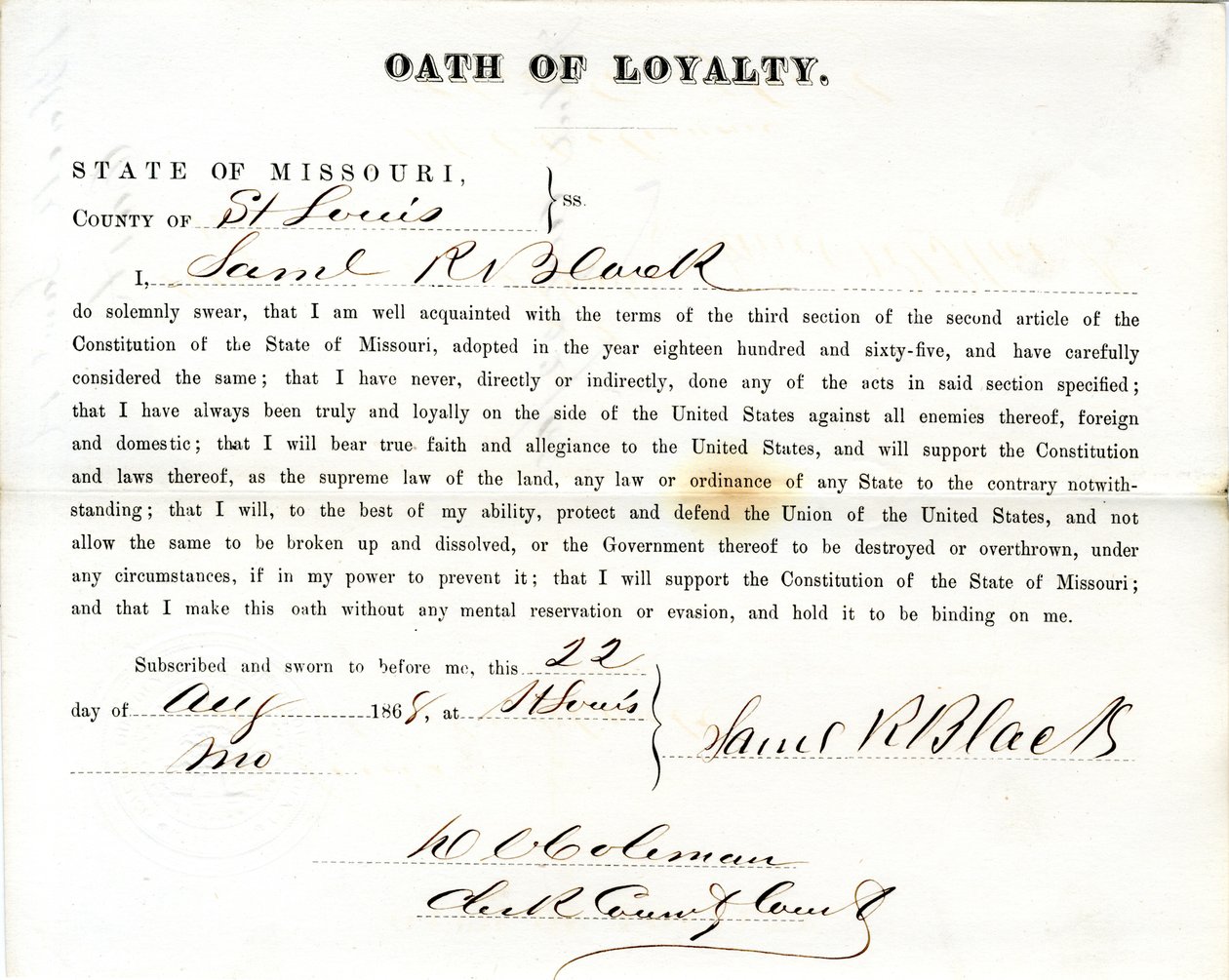 Przysięga lojalności Samuela R. Blacka z Missouri, hrabstwo St. Louis autorstwa Samuel R. Black