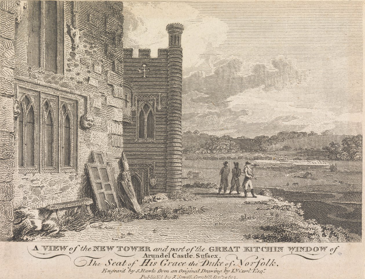 A View of the New Tower i część Great Kitchin Window of Arundel Castle, Sussex (opublikowane przez J. Sewell); strona 13 (tom pierwszy) autorstwa Samuel Rawle
