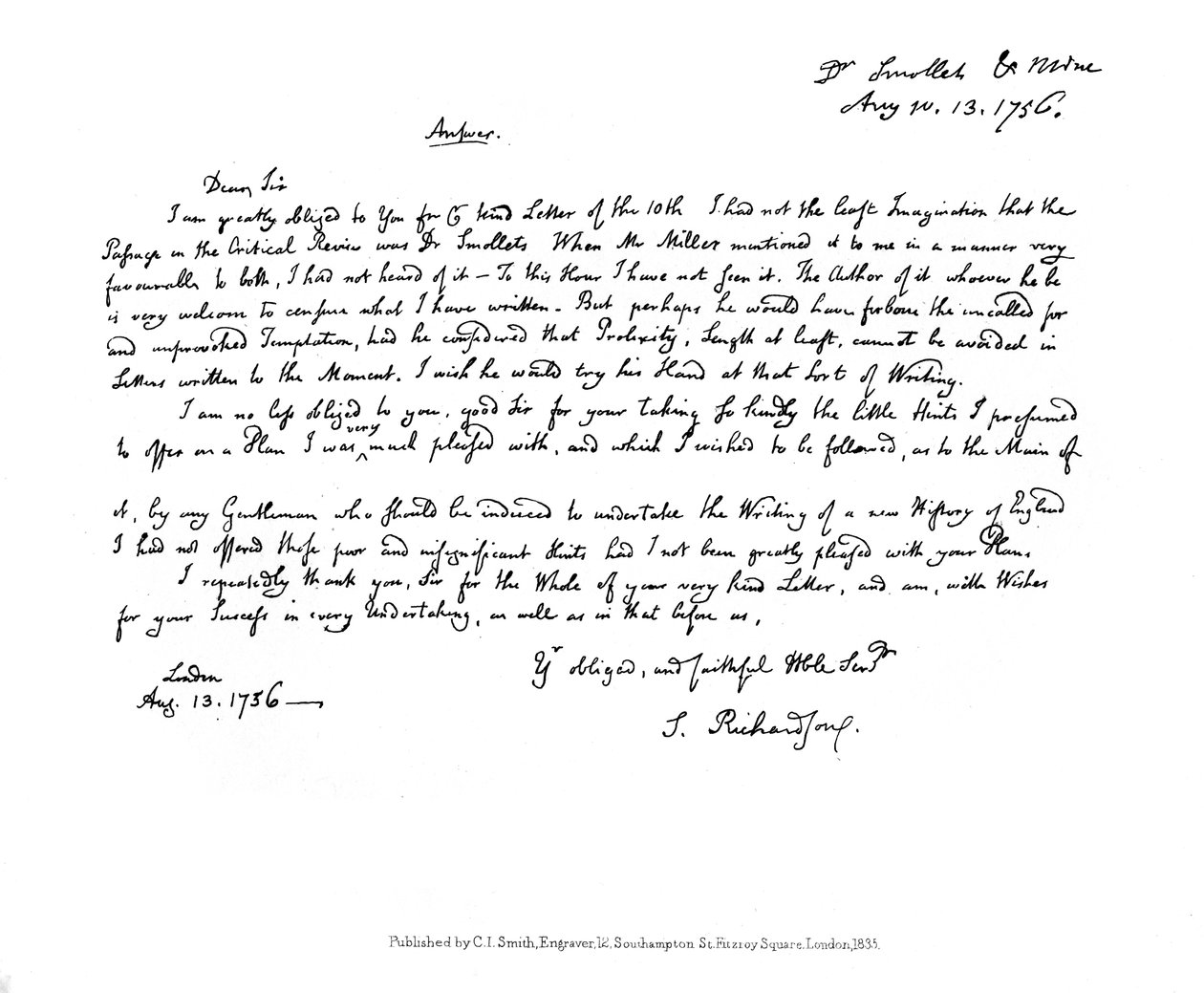 List Samuela Richardsona do dr Smolletta, 1756, 1840 autorstwa Samuel Richardson