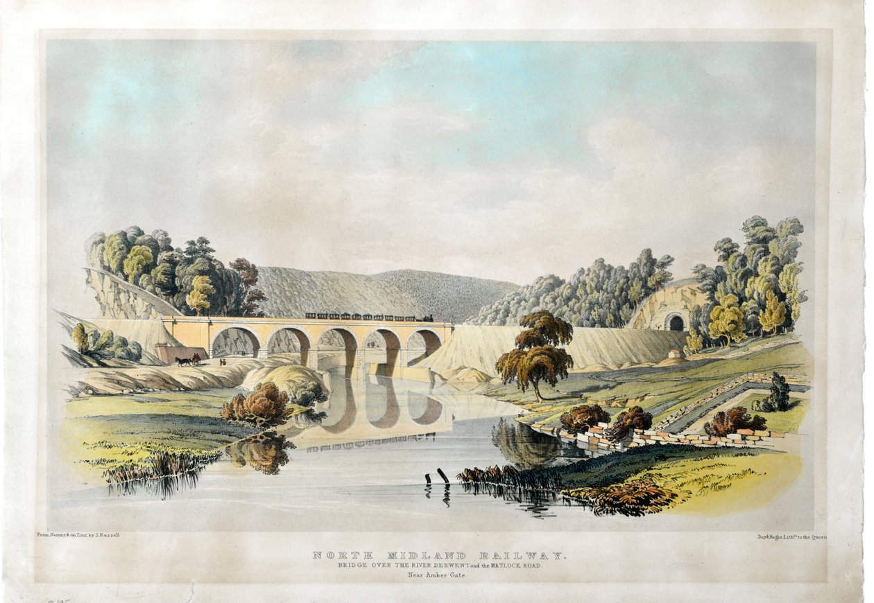 Most kolejowy North Midland nad rzeką Derwent i Matlock Road w pobliżu Amber Gate. 1840 (litografia kolorowana ręcznie na papierze) autorstwa Samuel Russell