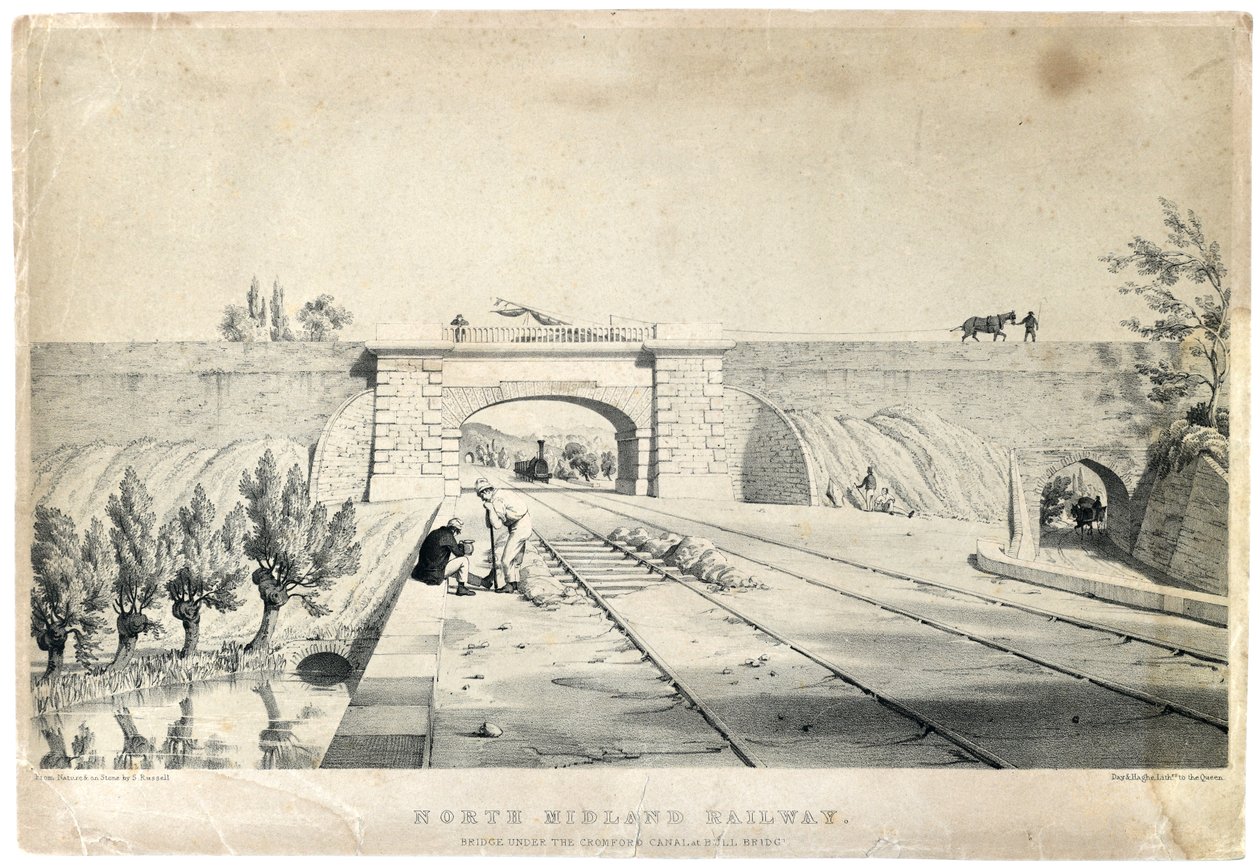 Most kolejowy North Midland pod kanałem Cromford w Bull Bridge ok. 1840 r. (przyciemniana litografia na papierze) autorstwa Samuel Russell