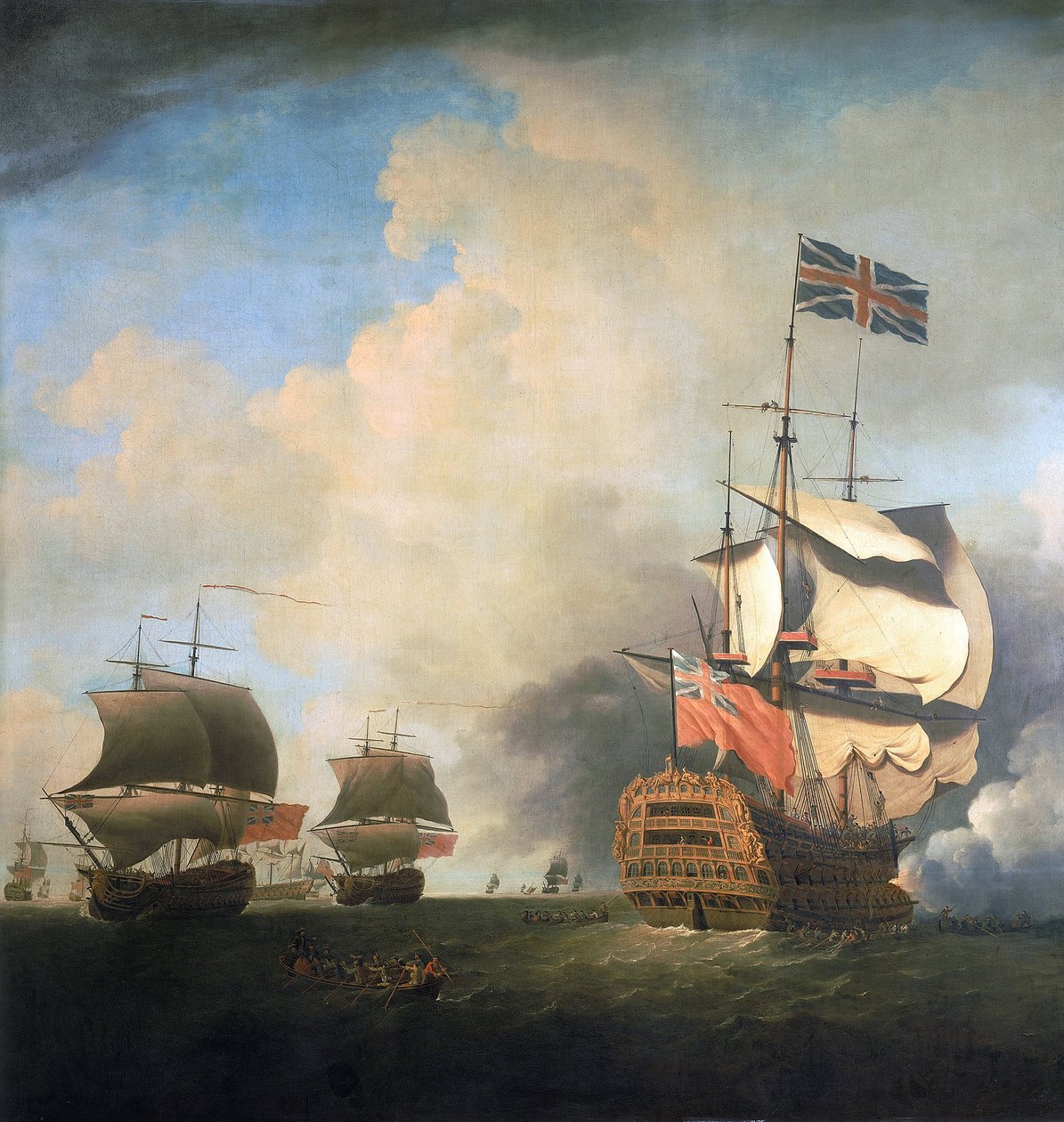 Okręty wojenne Brytyjskiej Królewskiej Marynarki Wojennej manewrujące żaglami na wietrze. Olej na płótnie, około 1736 roku, autorstwa Samuela Scotta (1702-1772). autorstwa Samuel Scott
