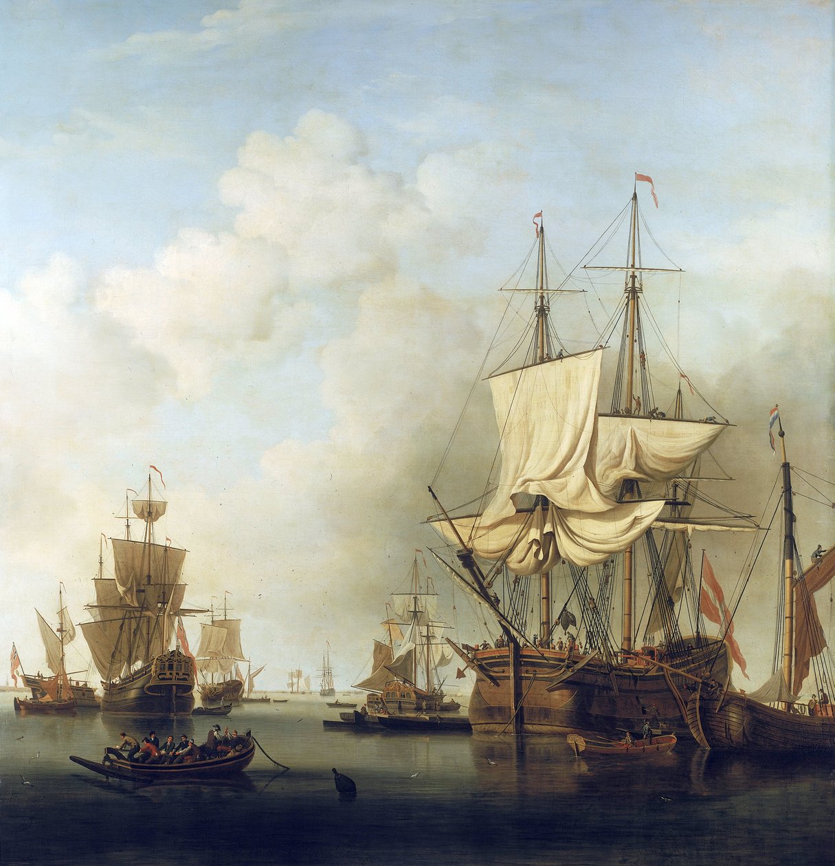 Duński statek transportujący drewno, w ujściu Tamizy, do Gravesend (Anglia). Olej na płótnie autorstwa Samuel Scott