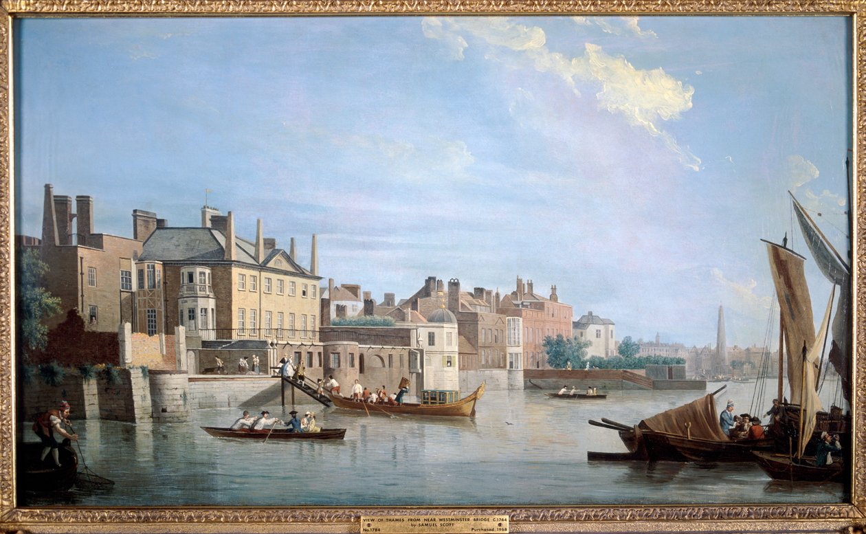 Tamiza z Domem Montagu, niedaleko Westminster Bridge, Londyn, 1749 autorstwa Samuel Scott
