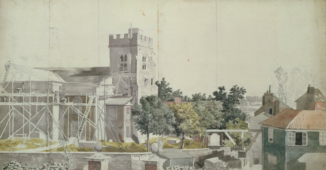 Kościół Twickenham pod rusztowaniem, XVIII w. (toaleta, pióro i atrament na papierze) autorstwa Samuel Scott