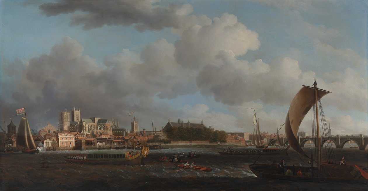 Westminster z Lambeth, z ceremonialną barką firmy Ironmongers autorstwa Samuel Scott