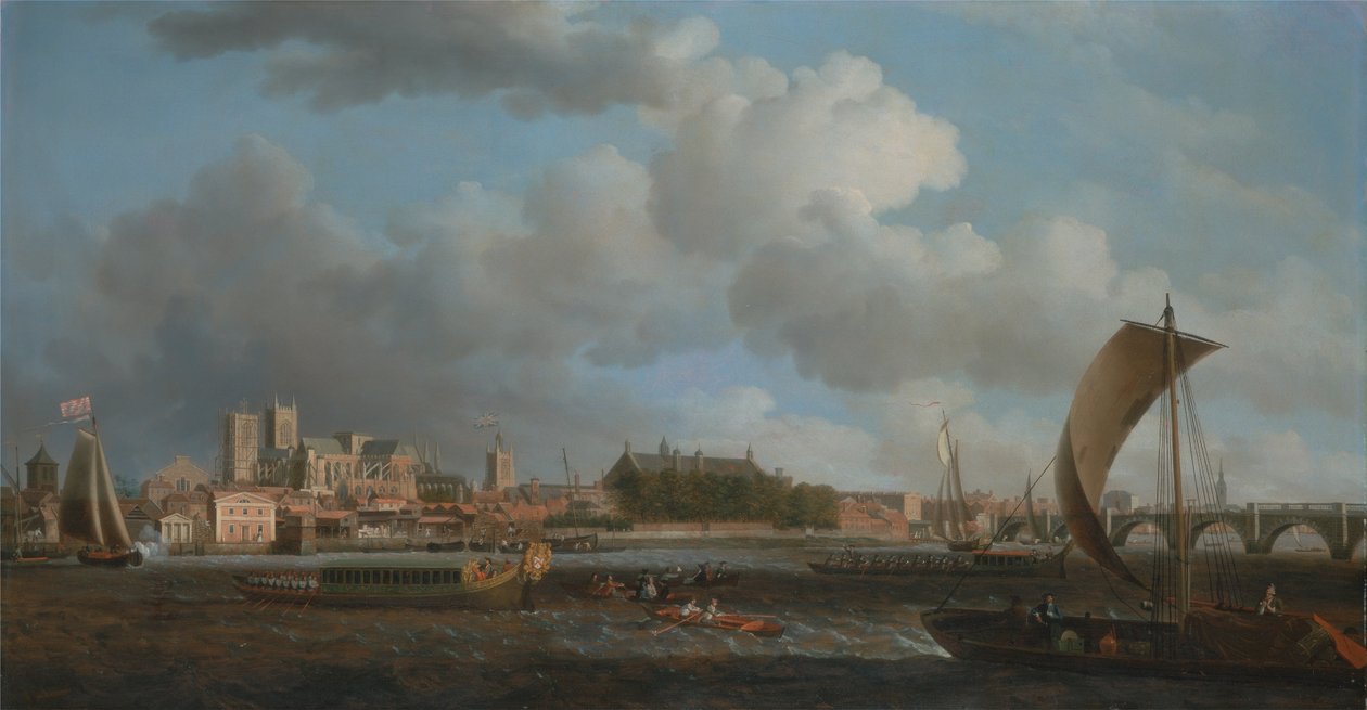 Westminster z Lambeth, z ceremonialną barką Ironmongers Company autorstwa Samuel Scott