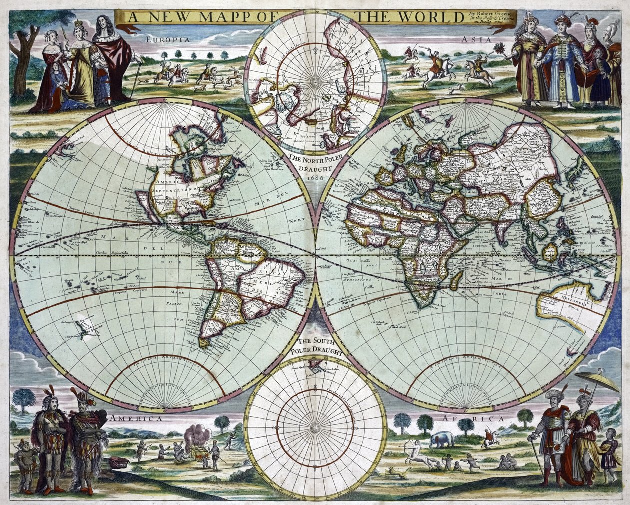 Nowa mapa świata, ok. 1702 r. (druk) autorstwa Samuel Thornton