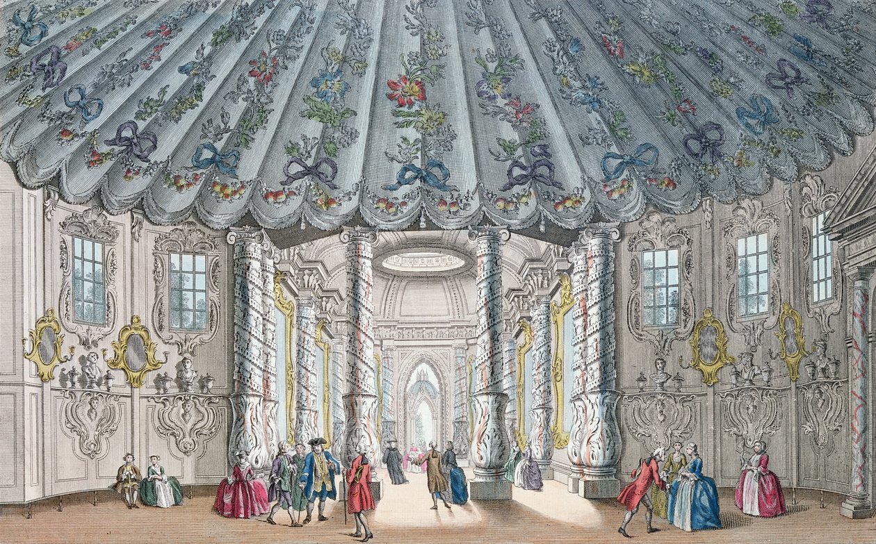 Widok wnętrza eleganckiej sali muzycznej w Ogrodach Vauxhall, grawerowane przez H. Roberts, 1752 (ręcznie kolorowane grawerowanie) autorstwa Samuel Wale