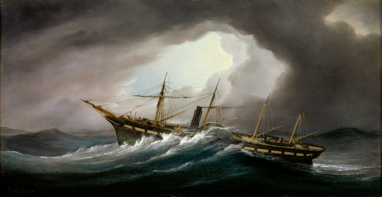 Parowiec wiosłowy "Great Western" podczas wichury, połowa - koniec XIX wieku (olej na płótnie) autorstwa Samuel Walters