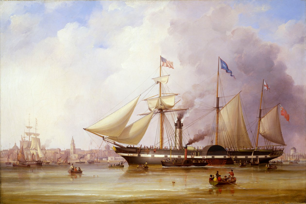 Parowiec wiosłowy "President" na Mersey u wybrzeży Liverpoolu, połowa XIX wieku (olej na płótnie) autorstwa Samuel Walters