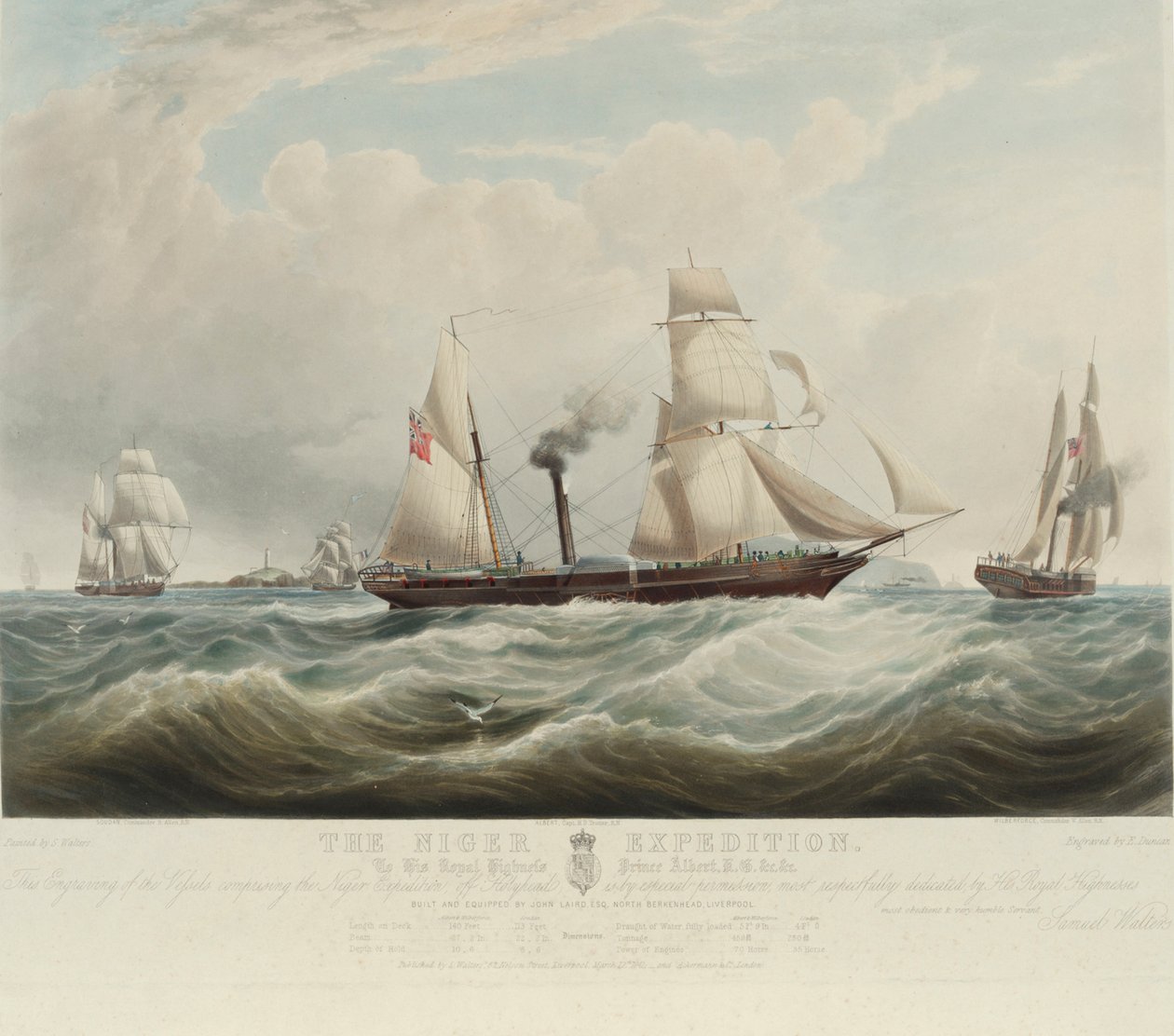 Ekspedycja nigeryjska, u zbiegu rzek Niger i Benoue, statki Albert, Sudan i Wilberforce u wybrzeży Holyhead (Walia), sierpień-październik 1841 r. autorstwa Samuel Walters