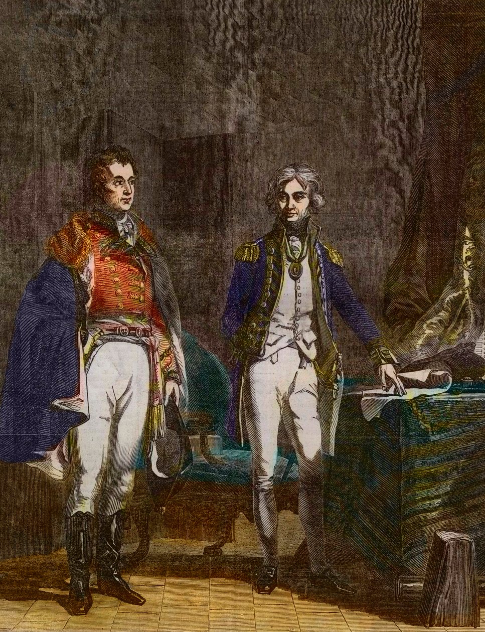 Spotkanie generała dywizji Sir Arthura Wellesleya (księcia Wellington) i wiceadmirała Horatio Nelsona, wrzesień 1805 r., wyryte przez Samuela Williama Reynoldsa (1794-1872) według Johna Prescotta Knighta (1803-1881) autorstwa Samuel William I Reynolds