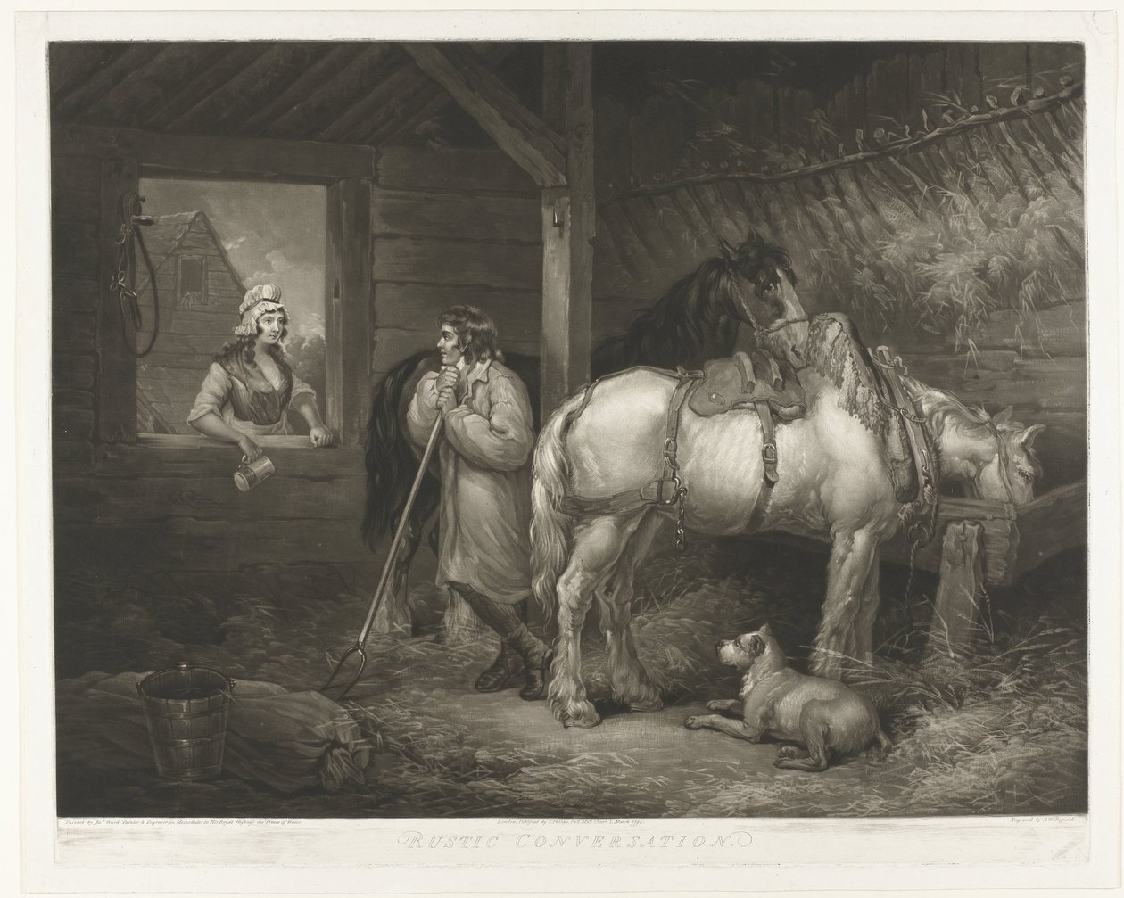 Gesprek w de stal Rozmowa w stylu rustykalnym (tytuł na obiekcie) autorstwa Samuel William Reynolds (I)
